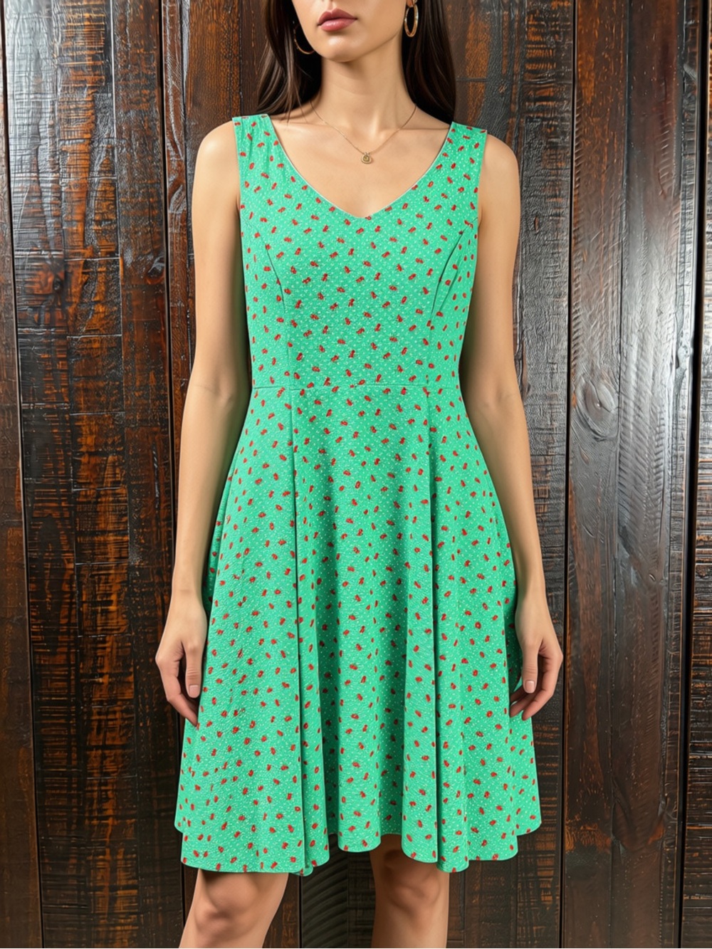 Eva Rose Sleeveless Green Cherry Print Fit & Flare Dress Medium